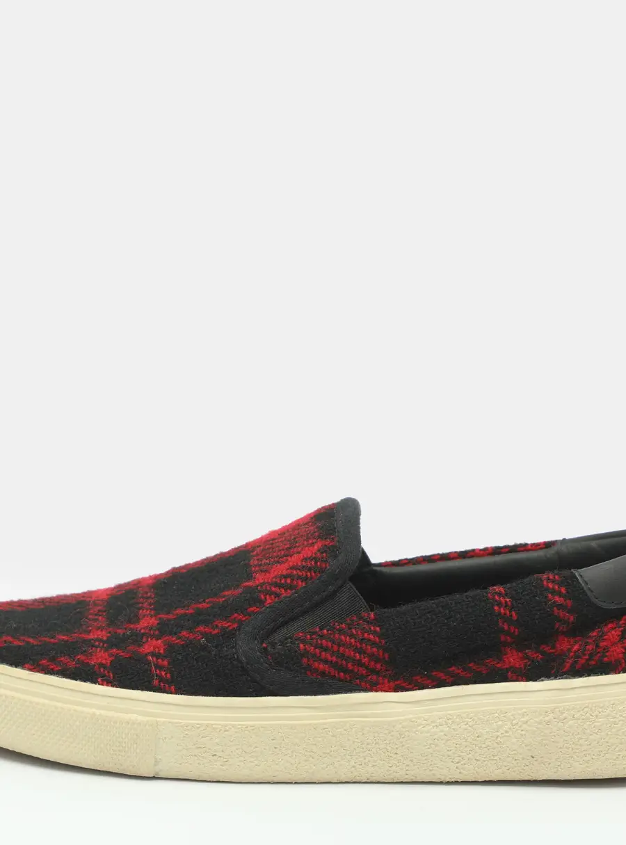 Saint Laurent Size 37 Red Plaid Tweed Slip On Sneakers