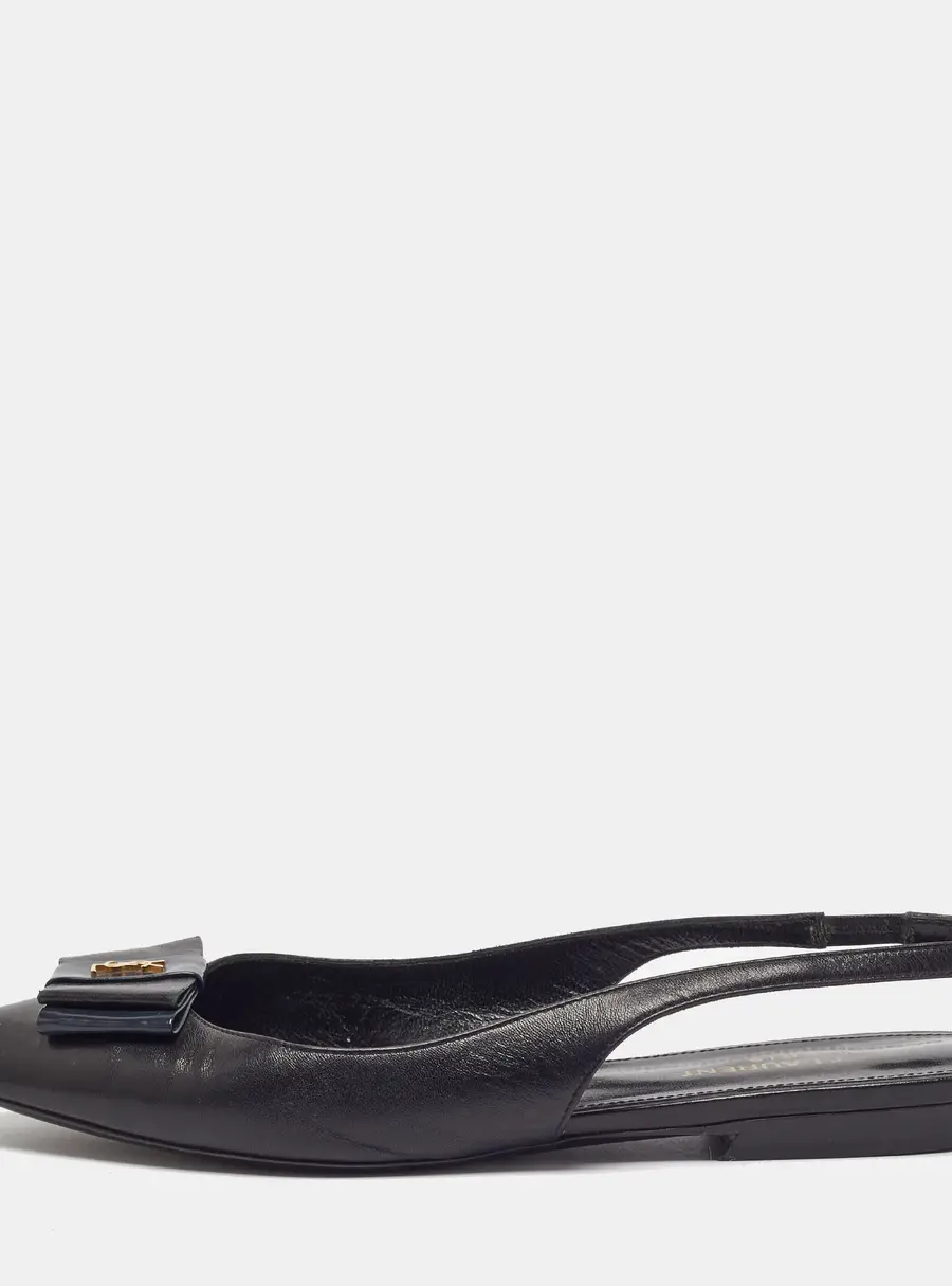 Saint Laurent Anais Size 37.5 Black Leather Bow Slingback Flats