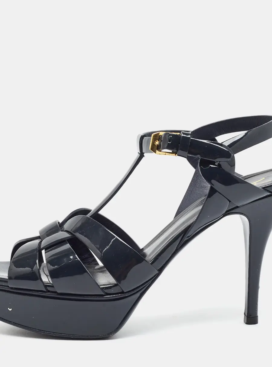 Saint Laurent Tribute Size 38.5 Navy Blue Patent Leather Platform Sandals