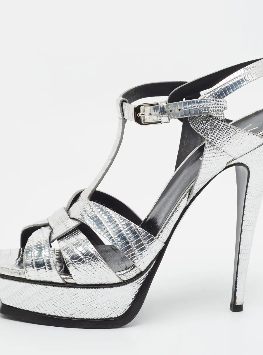 Saint Laurent Tribute Size 41 Silver Lizard Embossed Leather Platform Sandals