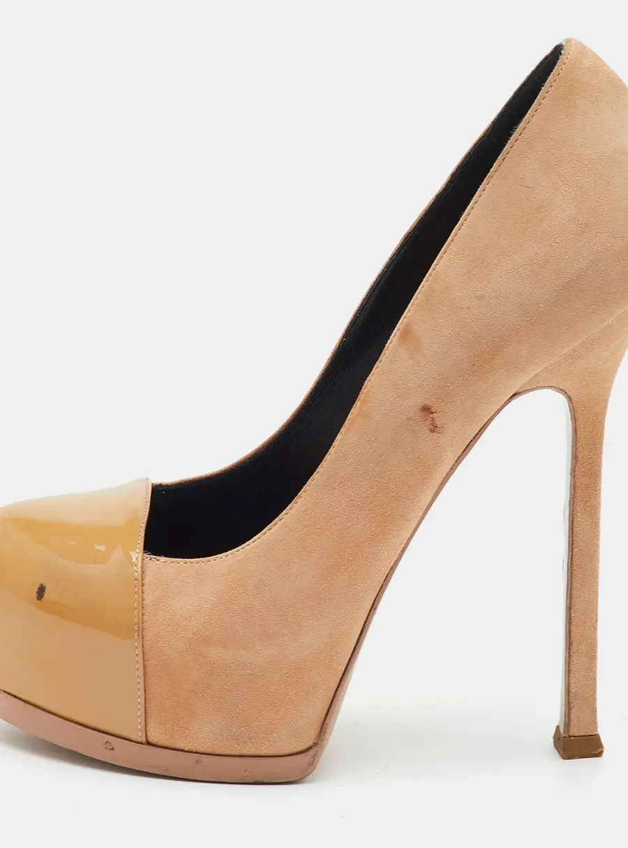 Saint Laurent Size 35.5 Beige Patent Leather and Suede Platform Pumps