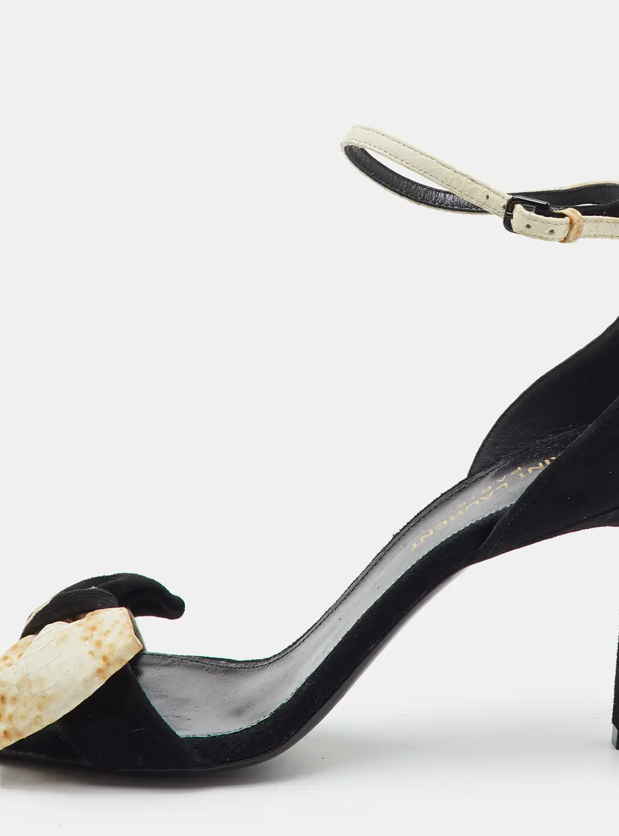 Saint Laurent Amber Bow Size 37 Black Snakeskin Leather and Suede Ankle Strap Sandals