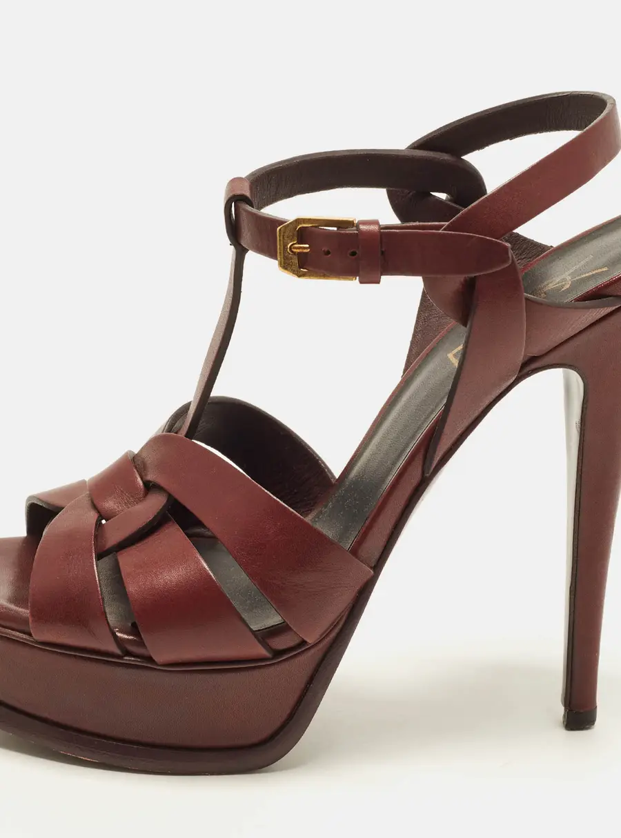 Saint Laurent Tribute Size 37 Burgundy Leather Platform Sandals
