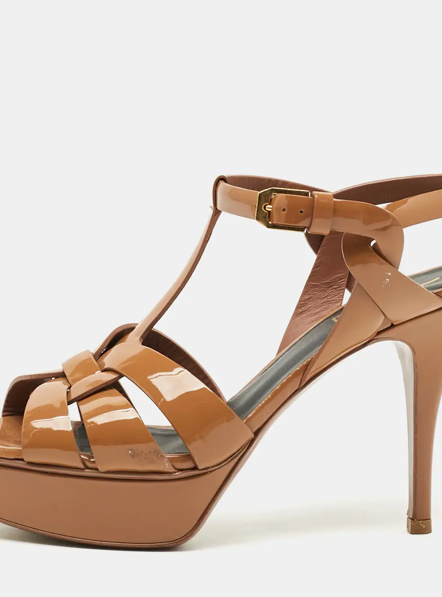 Saint Laurent Tribute Size 37 Brown Patent Leather Platform Sandals