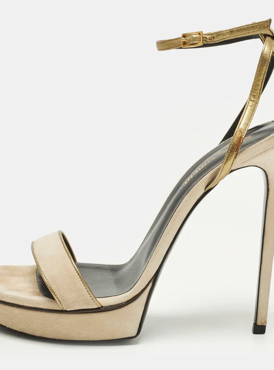 Saint Laurent Amber Size 40.5 Beige Suede Platform Ankle Strap Sandals