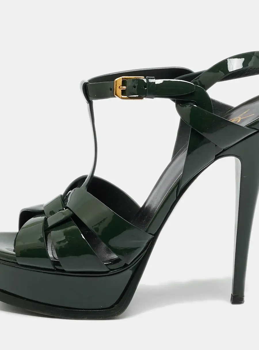 Saint Laurent Tribute Size 38 Green Patent Leather Platform Sandals