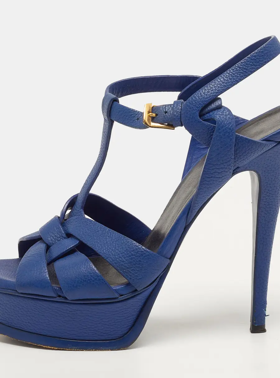 Saint Laurent Tribute Size 37.5 Blue Leather Ankle Strap Sandals
