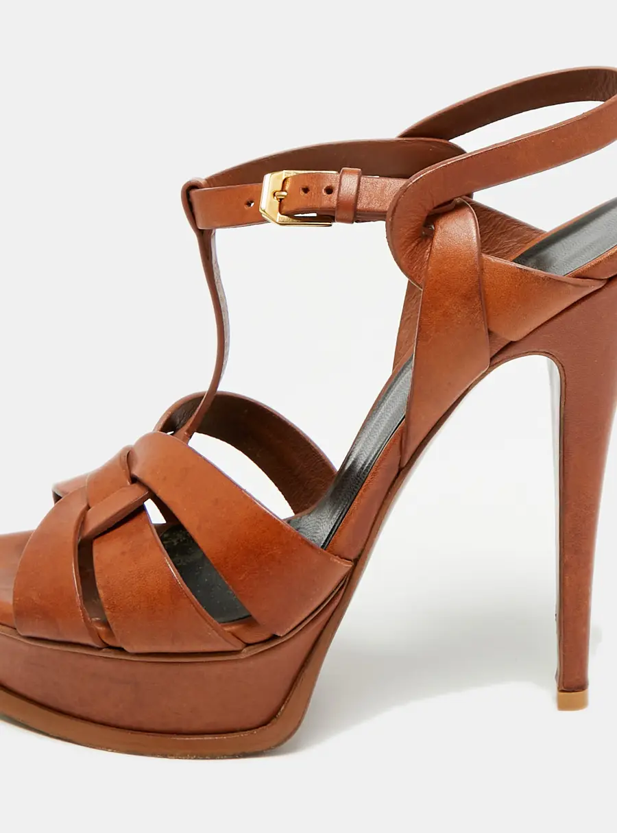 Saint Laurent Tribute Size 38 Brown Leather Platform Sandals