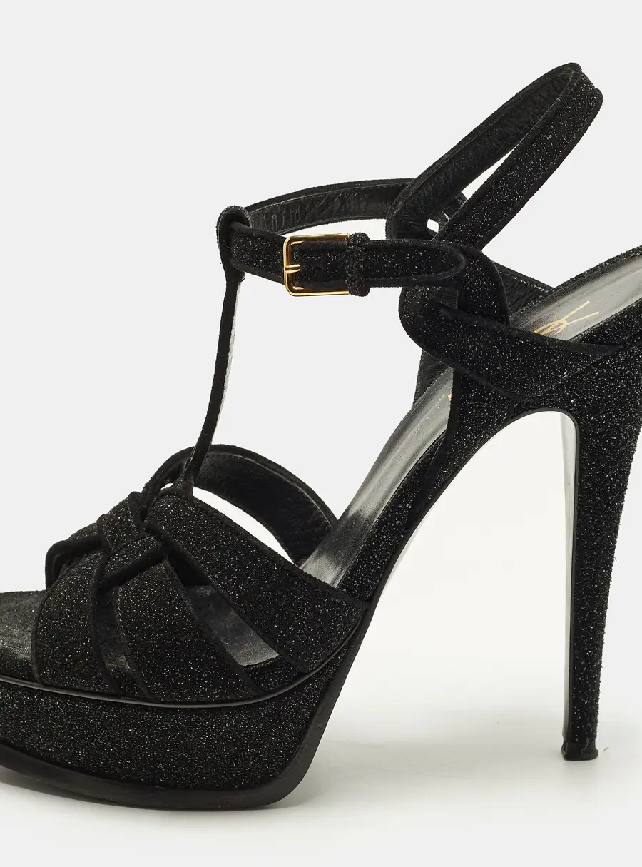 Saint Laurent Tribute Size 35.5 Black Texture Suede Platform Sandals