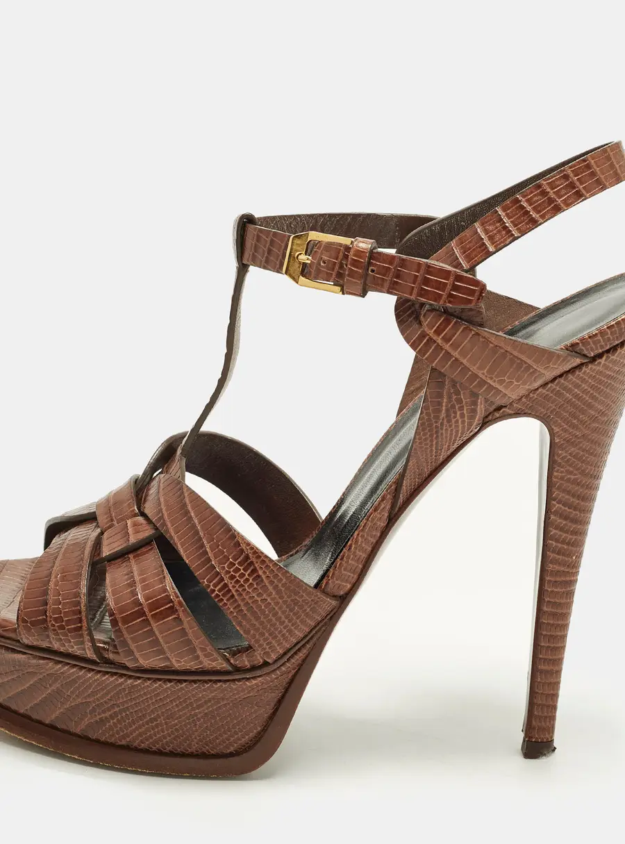 Saint Laurent Tribute Size 38.5 Brown Lizard Embossed Leather Ankle Strap Sandals