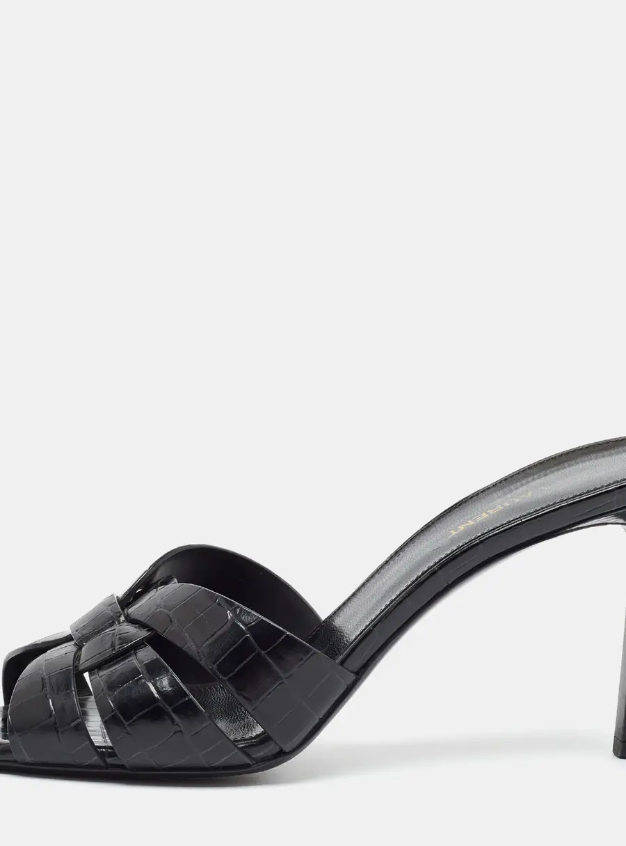 Saint Laurent Tribute Size 40.5 Black Croc Embossed Leather Slide Sandals