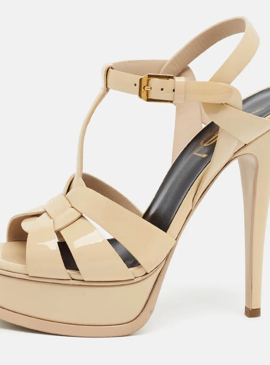 Saint Laurent Tribute Size 35 Beige Patent Leather Ankle Strap Sandals