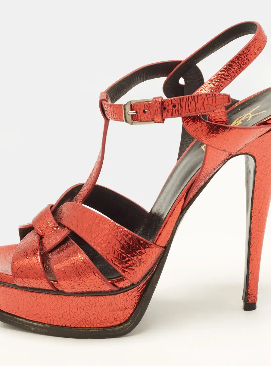 Saint Laurent Tribute Size 40 Metallic Red Leather Platform Sandals