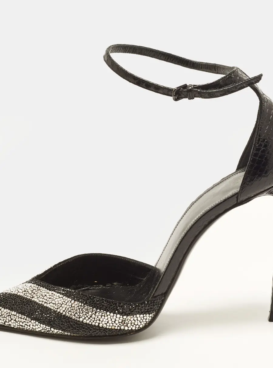 Saint Laurent Zoe Size 40 Black/Silver Water Snakeskin and Suede Crystal Embellished Ankle Strap Pumps
