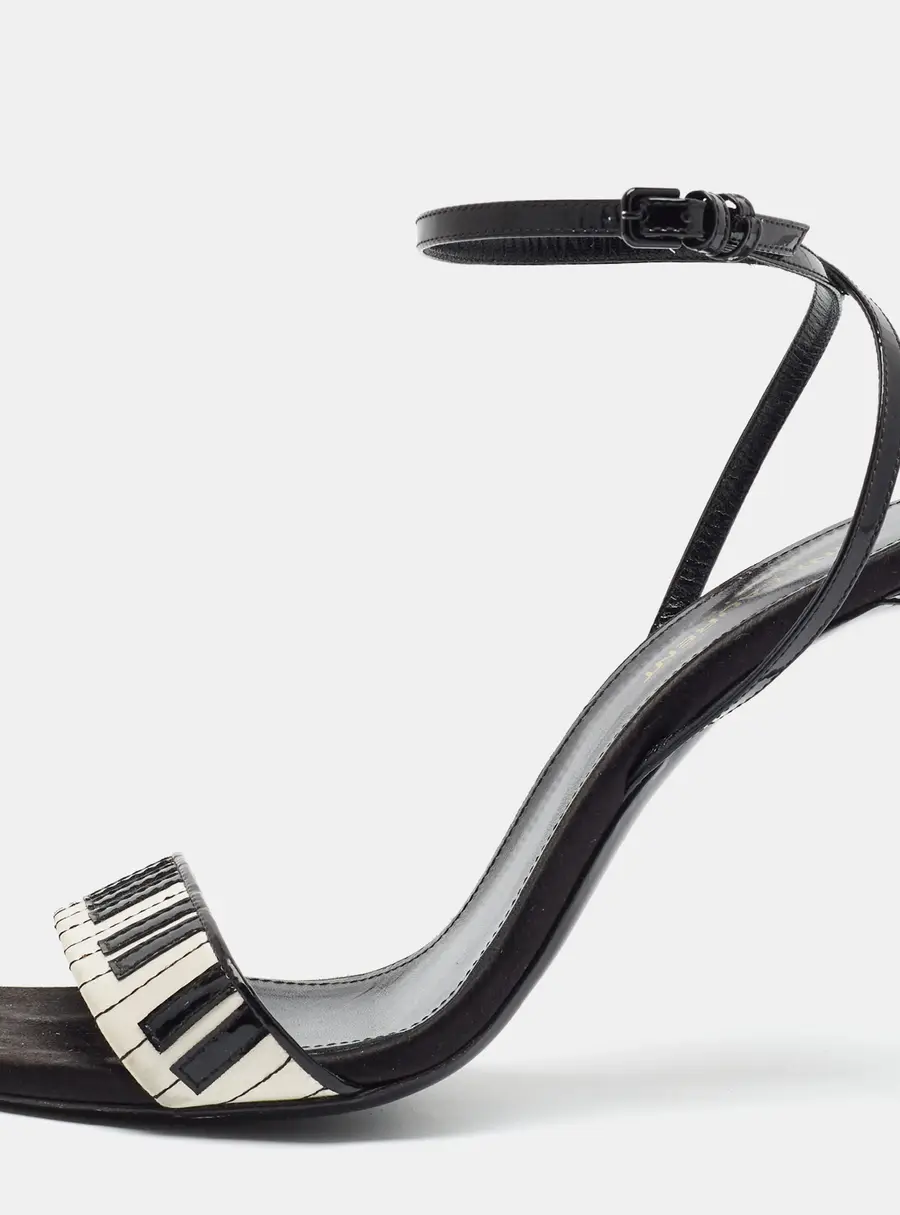Saint Laurent Abbey Piano Size 39 Black/White Patent Leather and Satin Ankle Strap Sandals