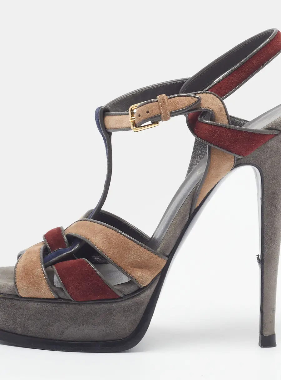 Saint Laurent Tribute Size 37 Multicolor Leather and Suede Platform Sandals