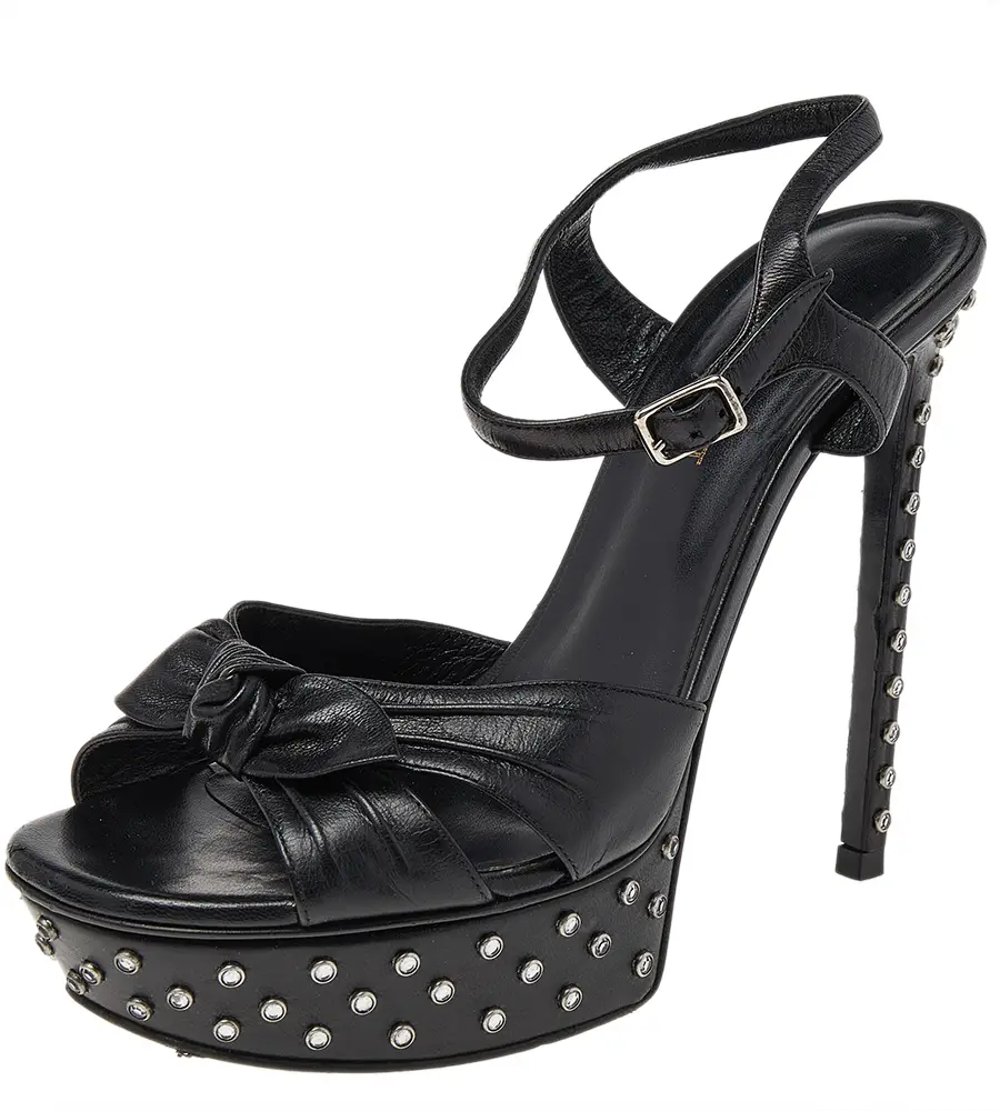Saint Laurent Black Leather Embellished Platform Ankle Strap Sandals Size 38