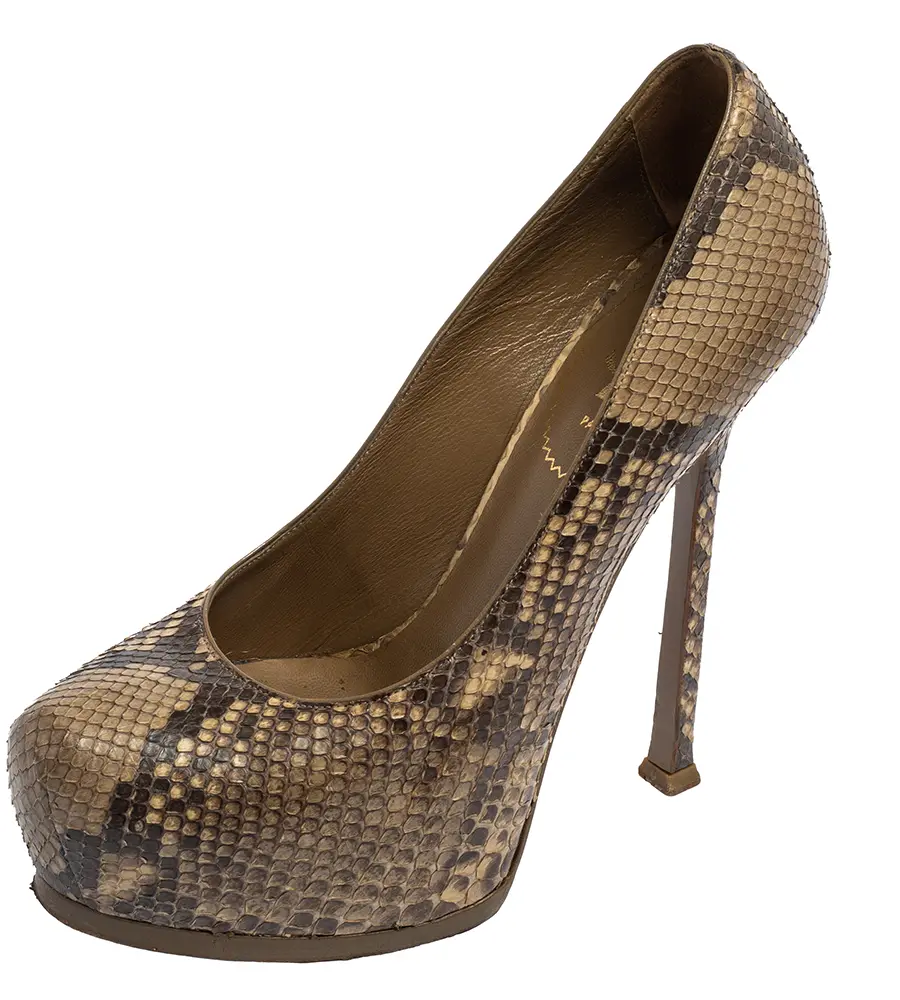 Saint Laurent Paris Tribtoo Size 38 Beige Python Leather Platform Pumps