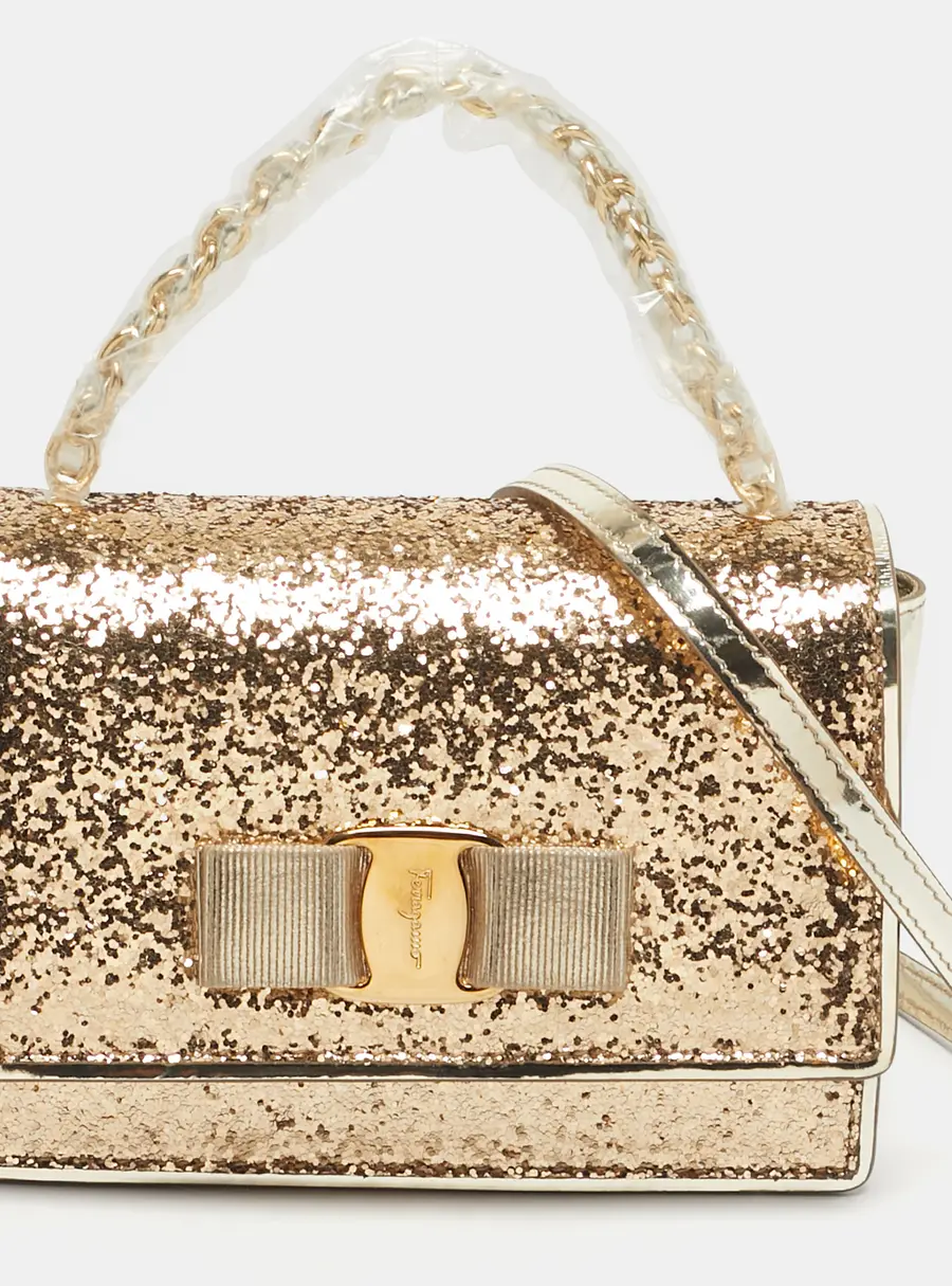 Salvatore Ferragamo Vara Bow Gold Glitter and Patent Leather Top Handle Bag