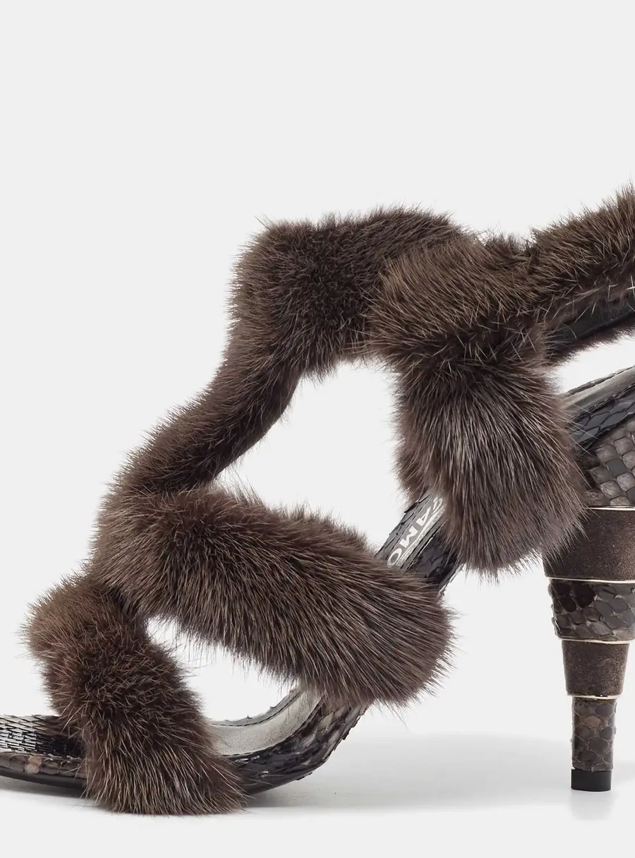 Salvatore Ferragamo Size 38.5 Brown Fur and Python Leather Ankle Strap Sandals