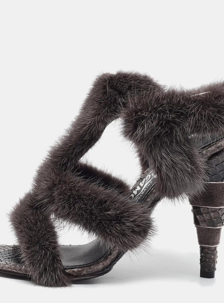 Salvatore Ferragamo Size 36 Black Mink Fur and Python Leather Ankle Strap Sandals