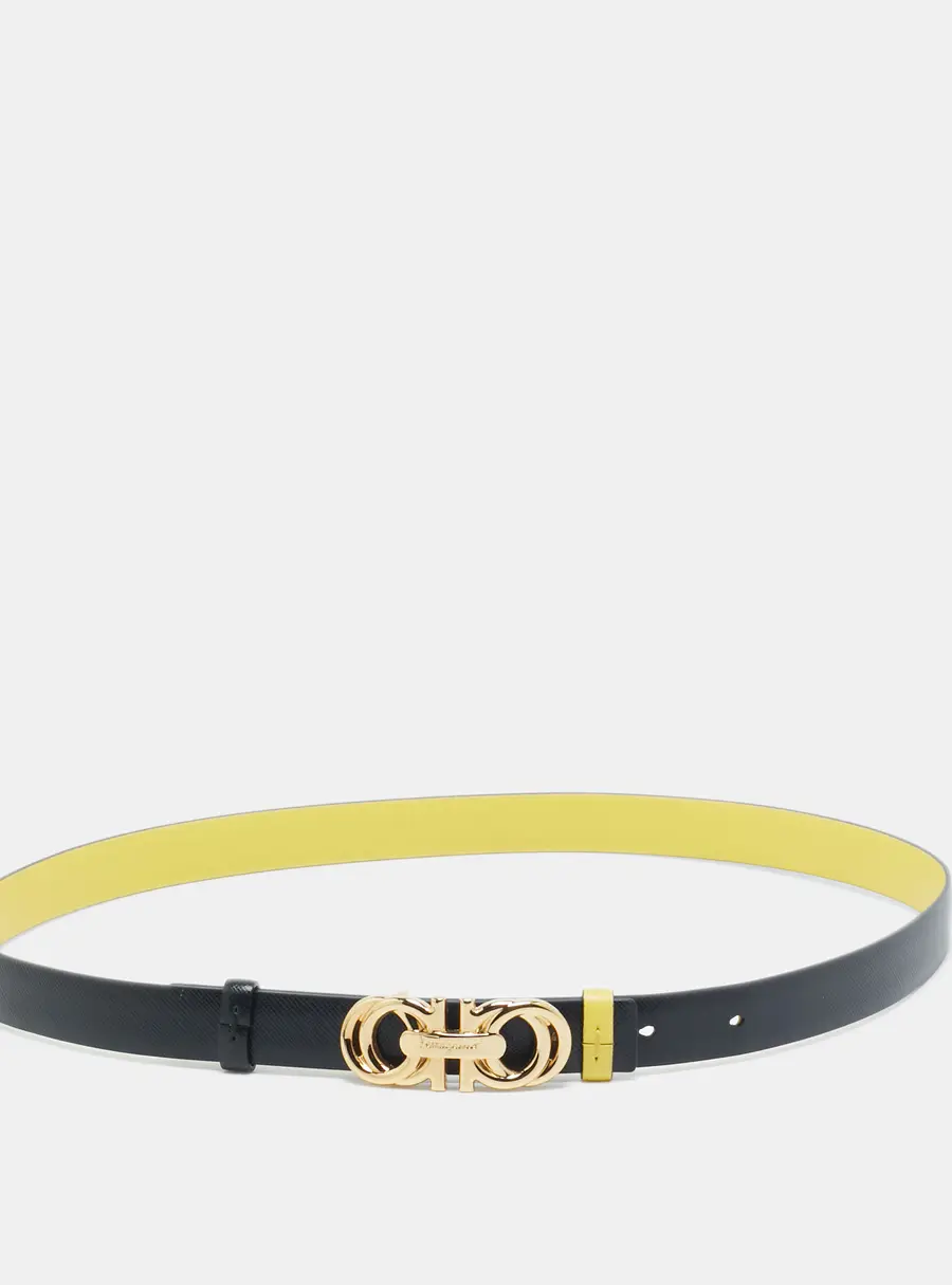 Salvatore Ferragamo Yellow/Black Leather Double Gancini Reversible Slim Belt