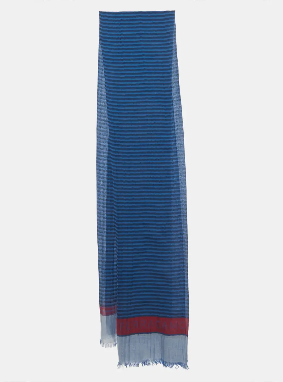 Salvatore Ferragamo Blue Striped Printed Cotton Fringed Scarf