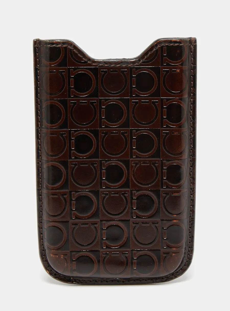 Salvatore Ferragamo Brown Gancio Embossed Glossy Leather Phone Cover