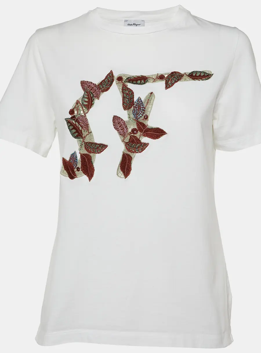 Salvatore Ferragamo White Logo Embroidered Cotton Crewneck T-Shirt L