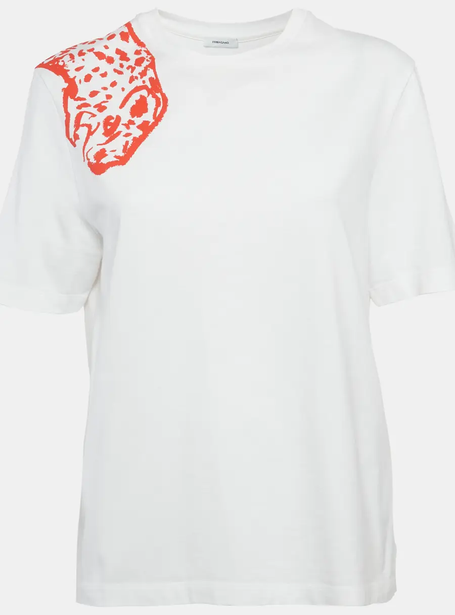 Salvatore Ferragamo White/Red Leopard Print Cotton T-Shirt S