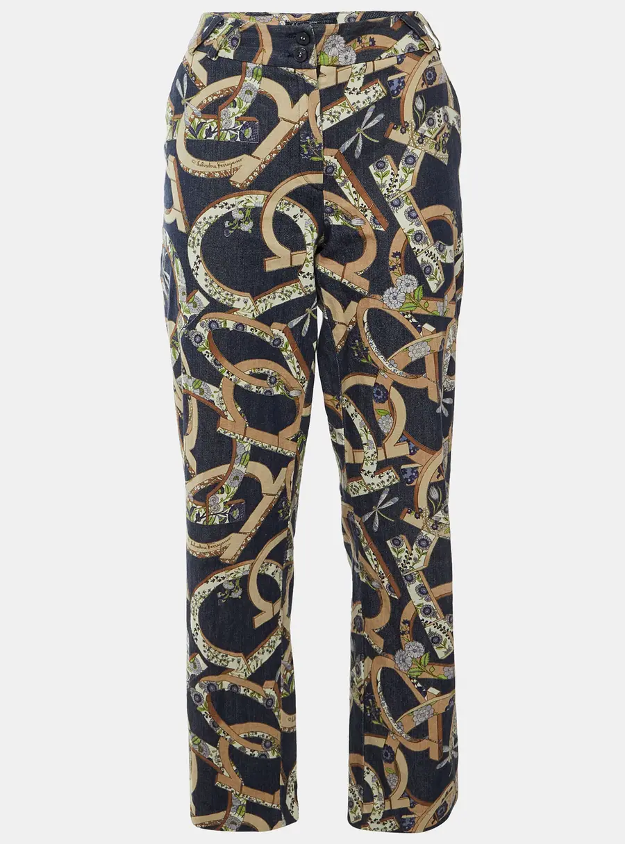 Salvatore Ferragamo Navy Blue Floral Gancini Print Denim Straight Jeans M
