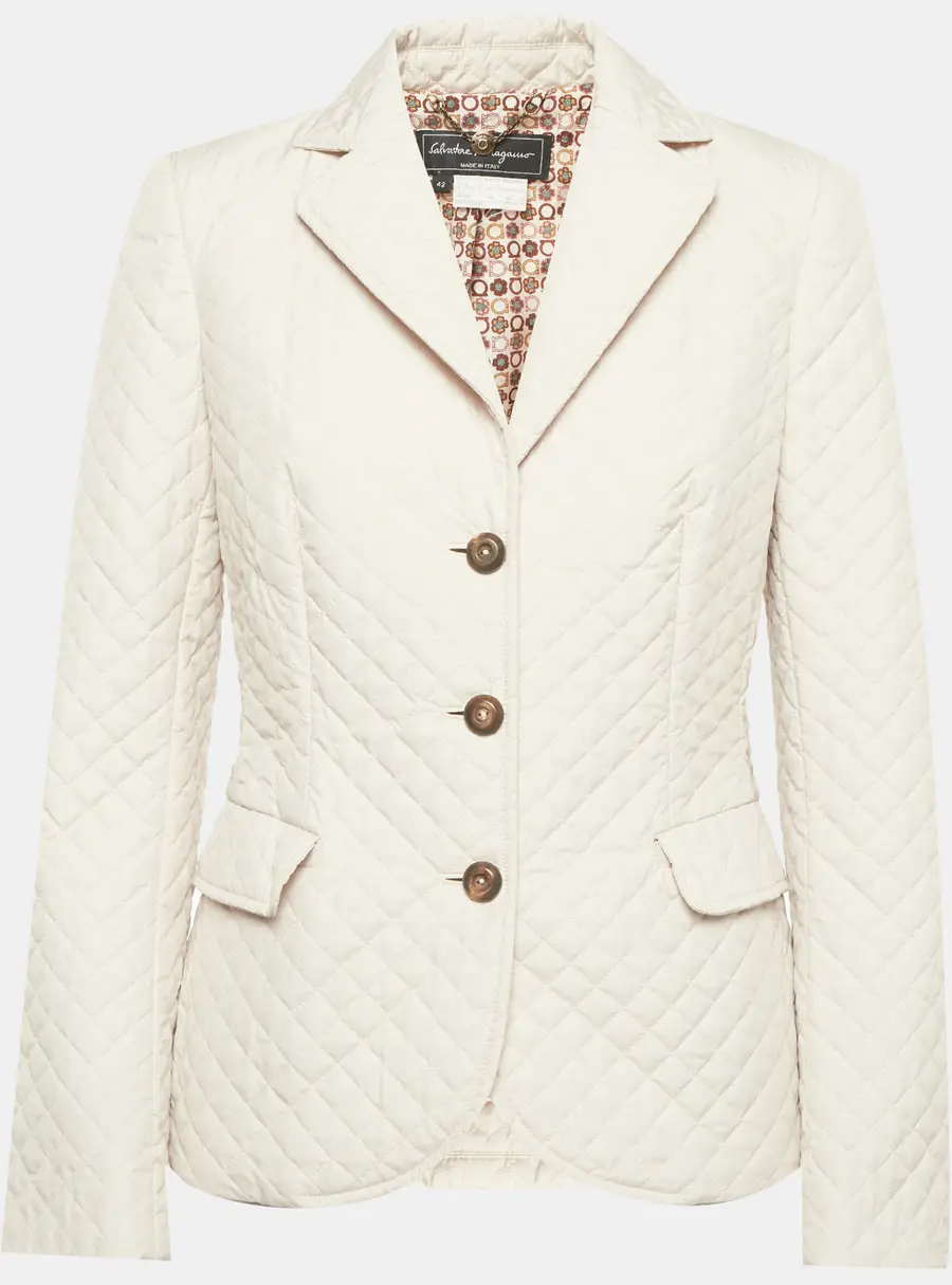 Salvatore Ferragamo Cream Synthetic Quilted Jacket M