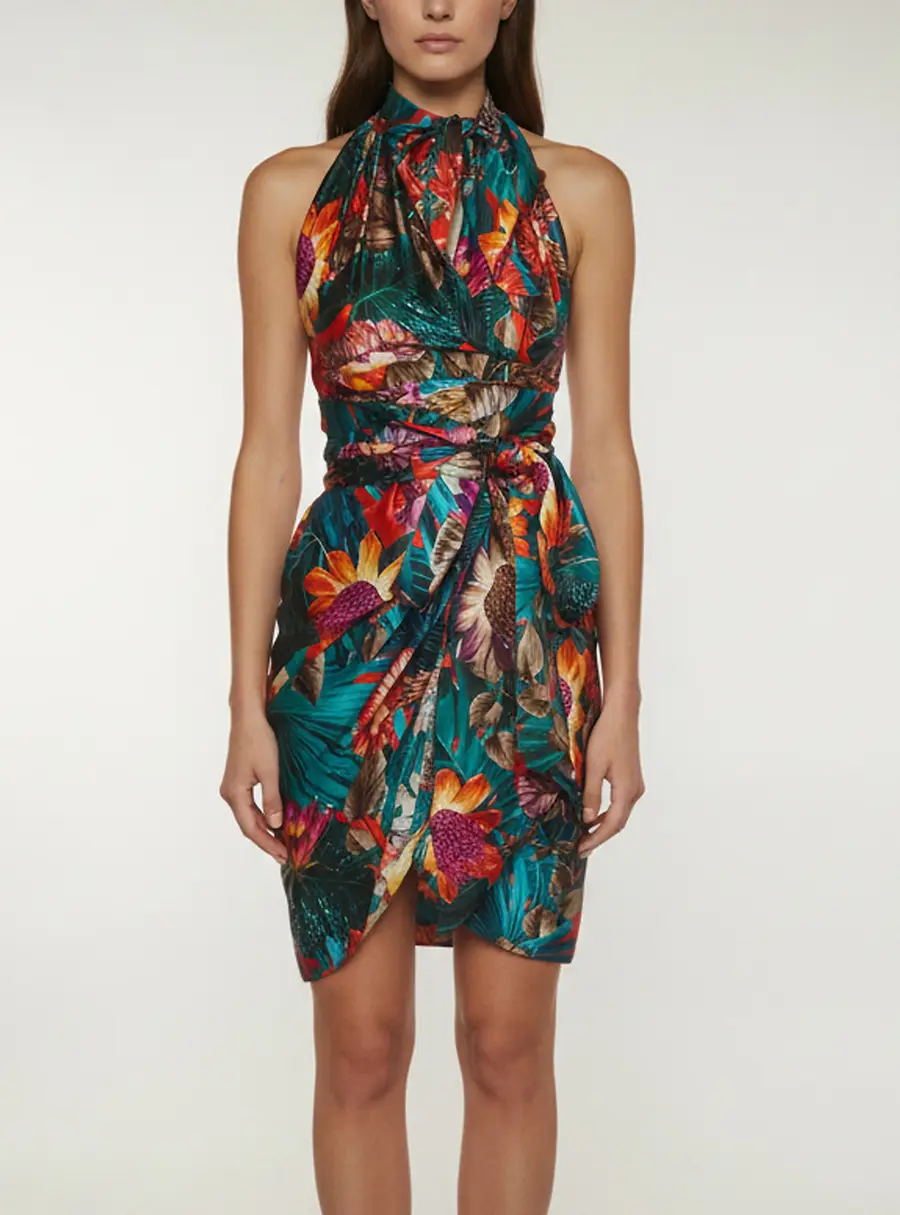 Salvatore Ferragamo Multicolor Floral Print Silk Draped Dress S