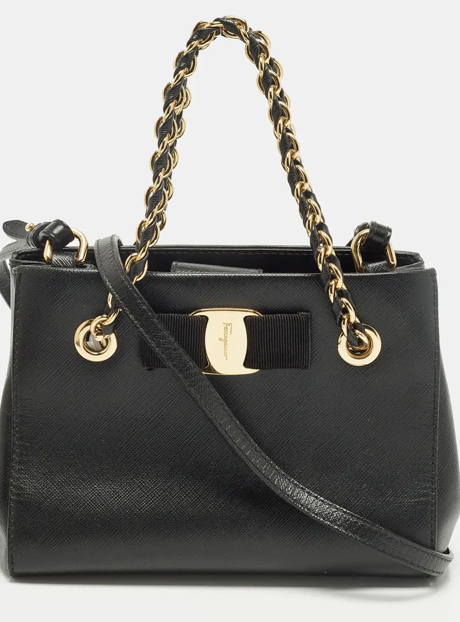 Salvatore Ferragamo Melike Vara Bow Mini Black Leather Chain Tote