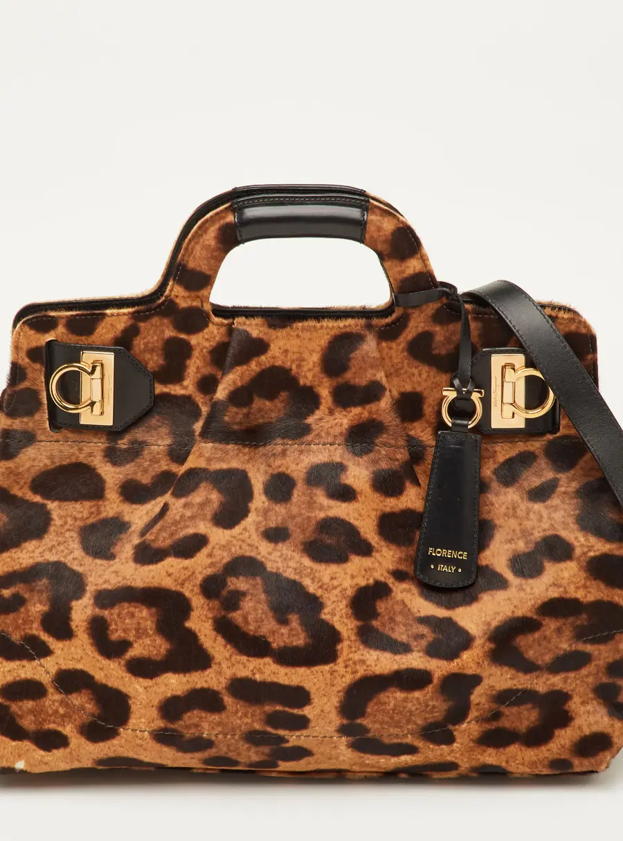 Salvatore Ferragamo Brown/Black Leopard Print Calf Hair and Leather Satchel