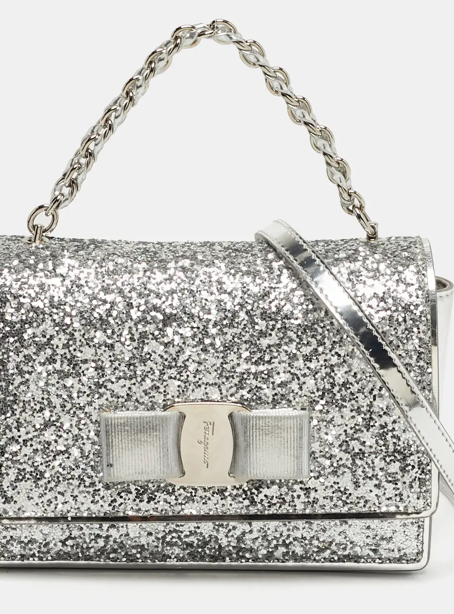 Salvatore Ferragamo Silver Glitter and Laminated Leather Top Handle Bag