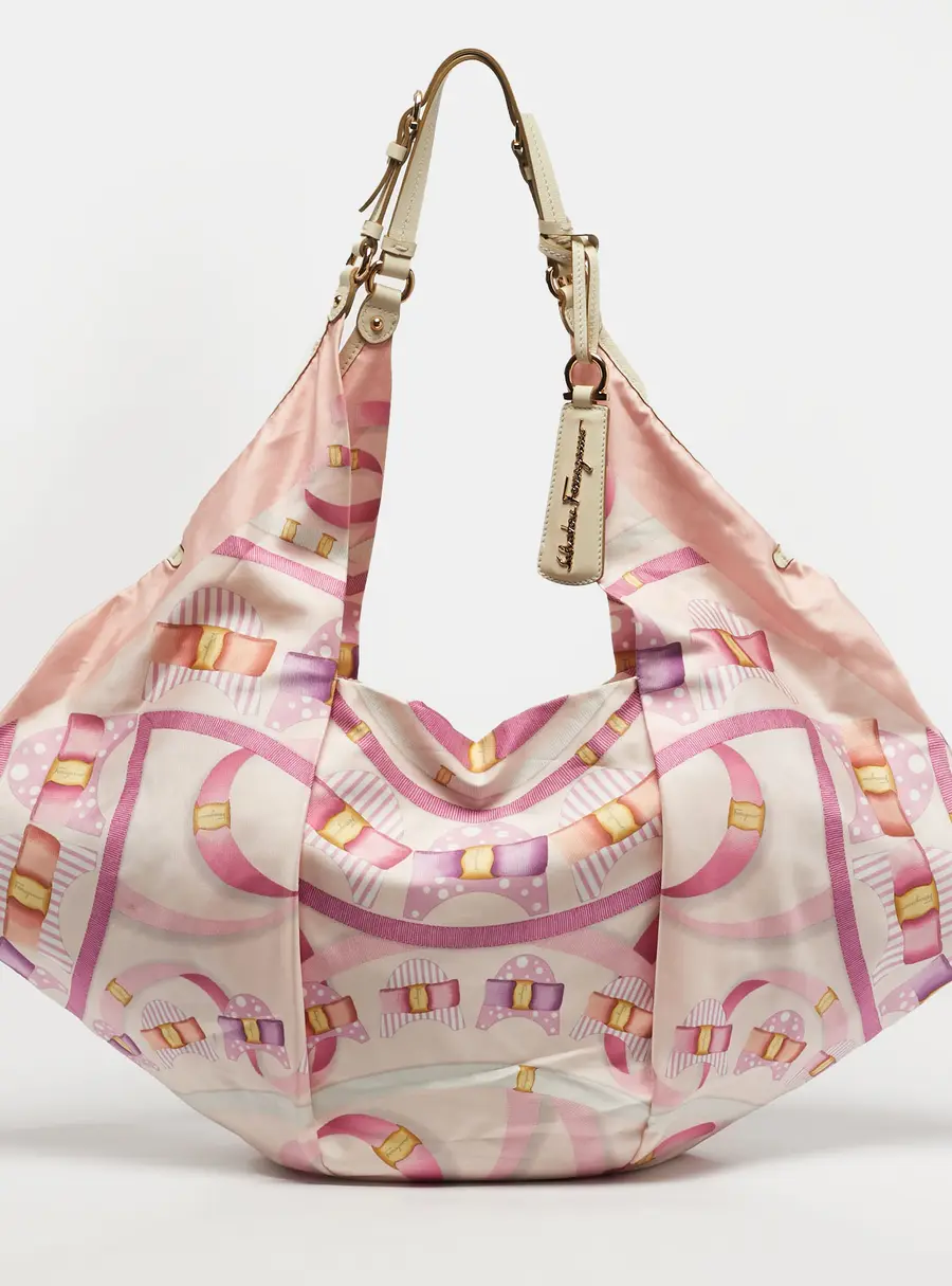 Salvatore Ferragamo Pleated Bow Print Pink Leather and Nylon Hobo