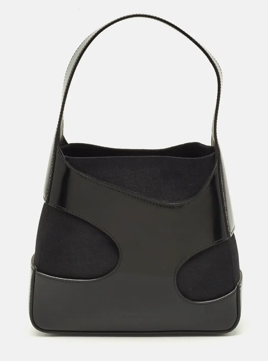 Salvatore Ferragamo Cut Out Small Black Canvas and Patent Leather Shoulder Bag