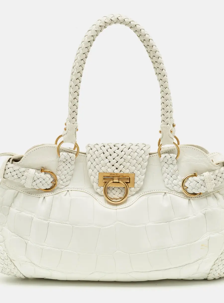 Salvatore Ferragamo Marisa White Croc Embossed Leather Satchel