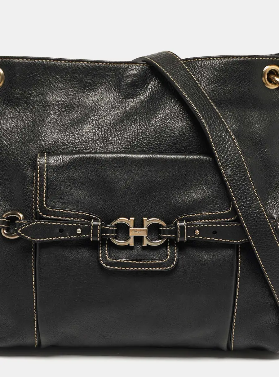 Salvatore Ferragamo Gancini Black Leather Shoulder Bag
