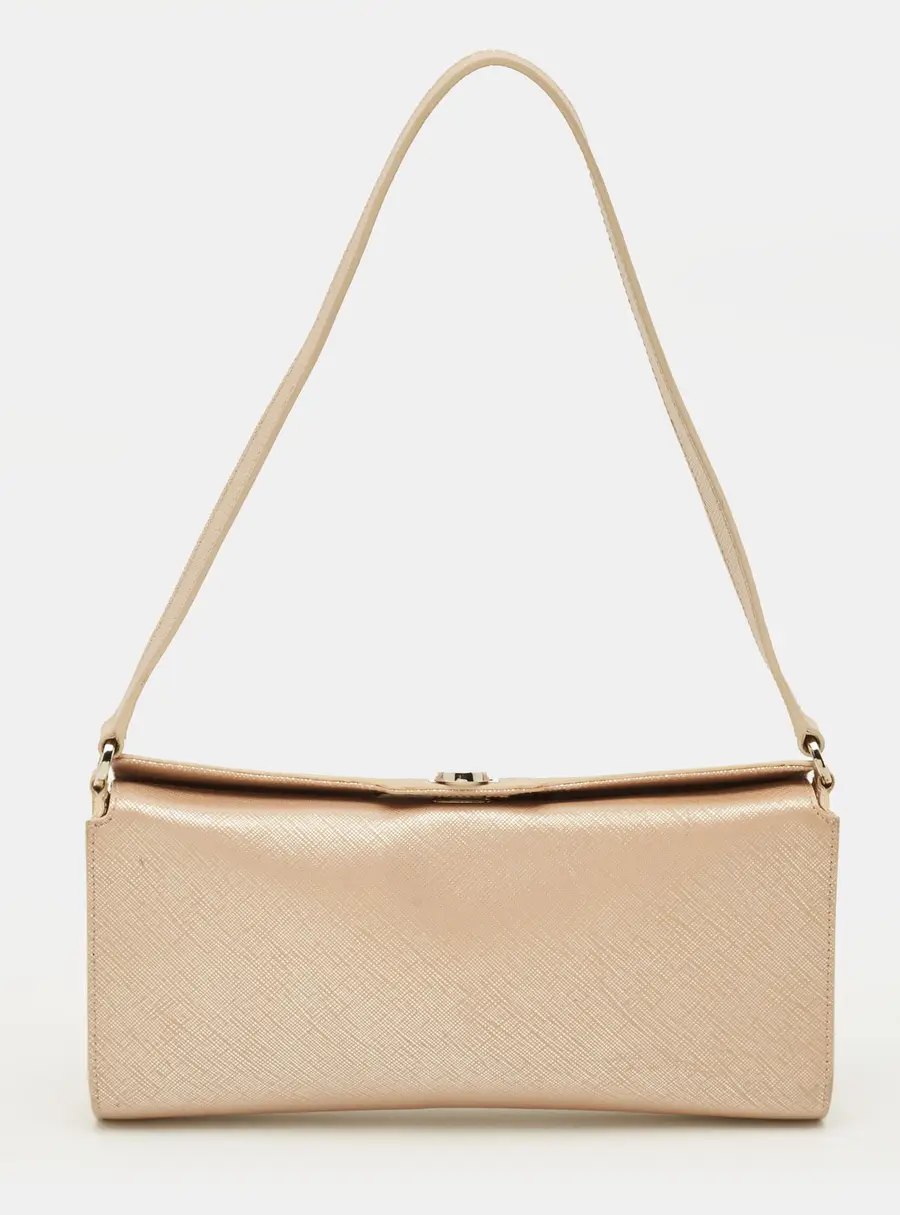 Salvatore Ferragamo Gancini Metallic Pink Saffiano Leather Clutch Bag