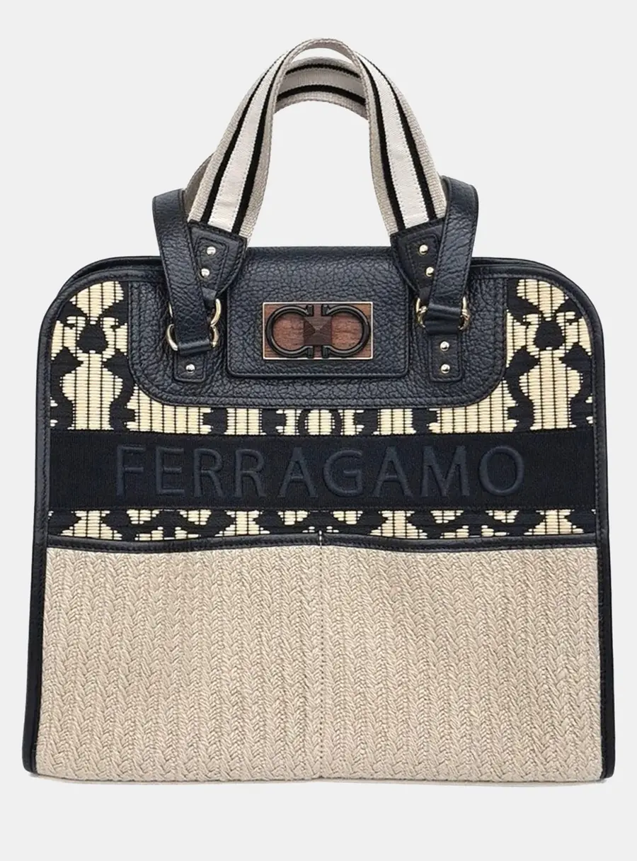 Salvatore Ferragamo Beige, Black Leather and Raffia Tote and Shoulder bag