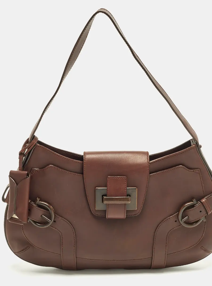 Salvatore Ferragamo Buckle Dark Brown Leather Shoulder Bag