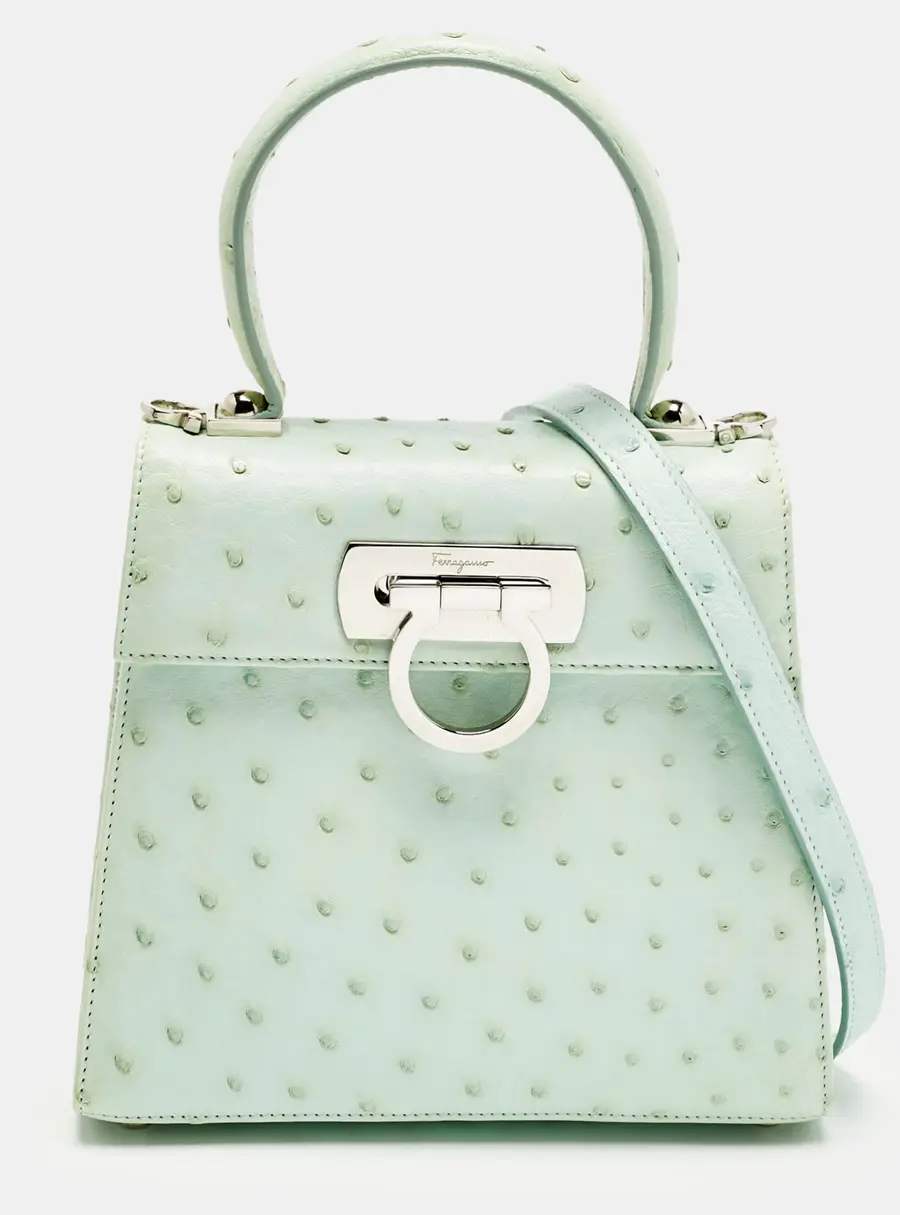 Salvatore Ferragamo Ghiacciaio Blue Aura Ostrich Small Iconic Top Handle Bag