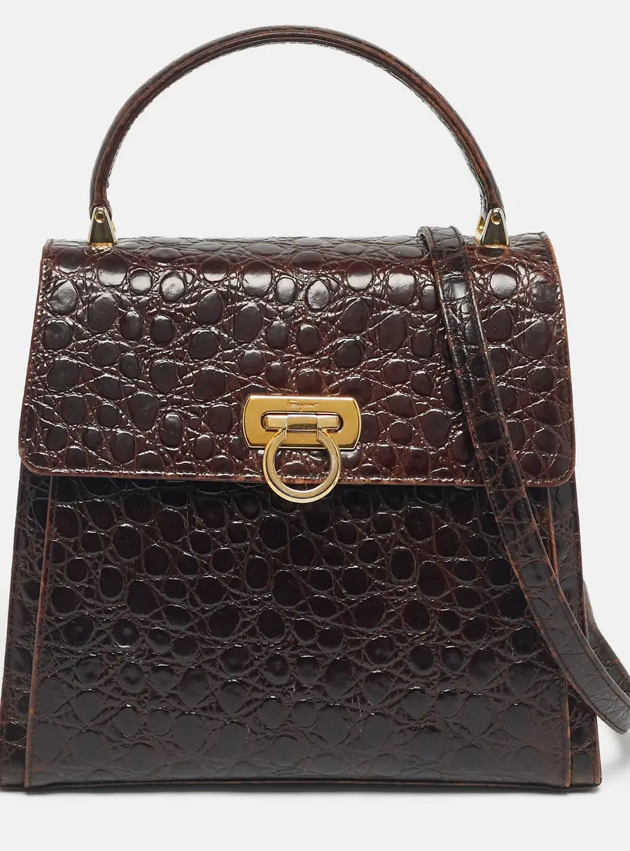 Salvatore Ferragamo Dark Brown Crocodile Kelly Top Handle Bag