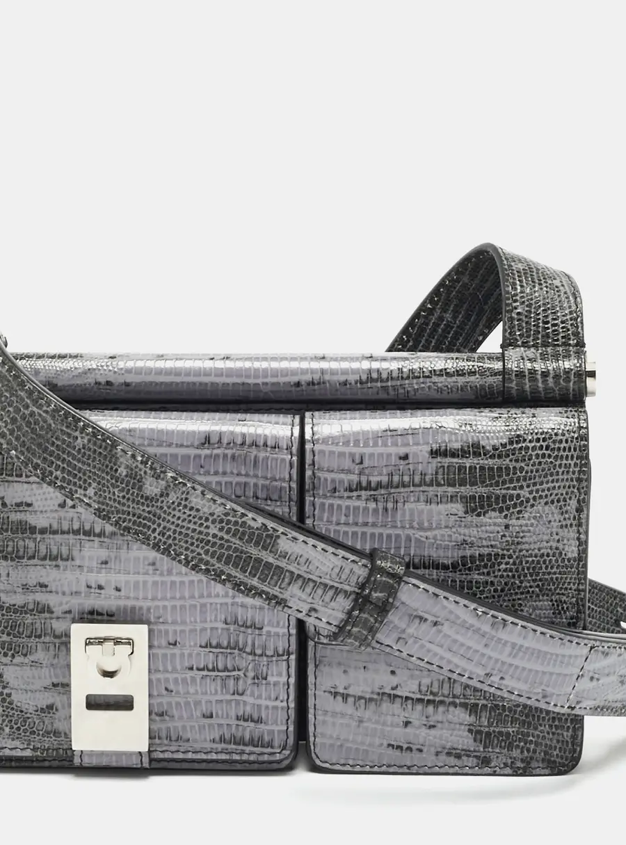 Salvatore Ferragamo Multipocket Lilac/Black Lizard Embossed Leather Crossbody Bag