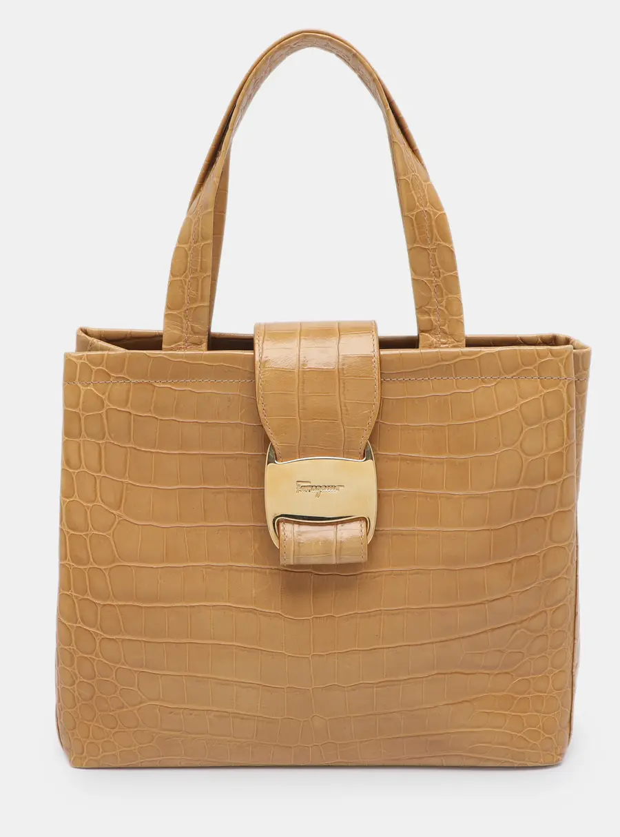 Salvatore Ferragamo Vara Beige Croc Embossed Leather Tote