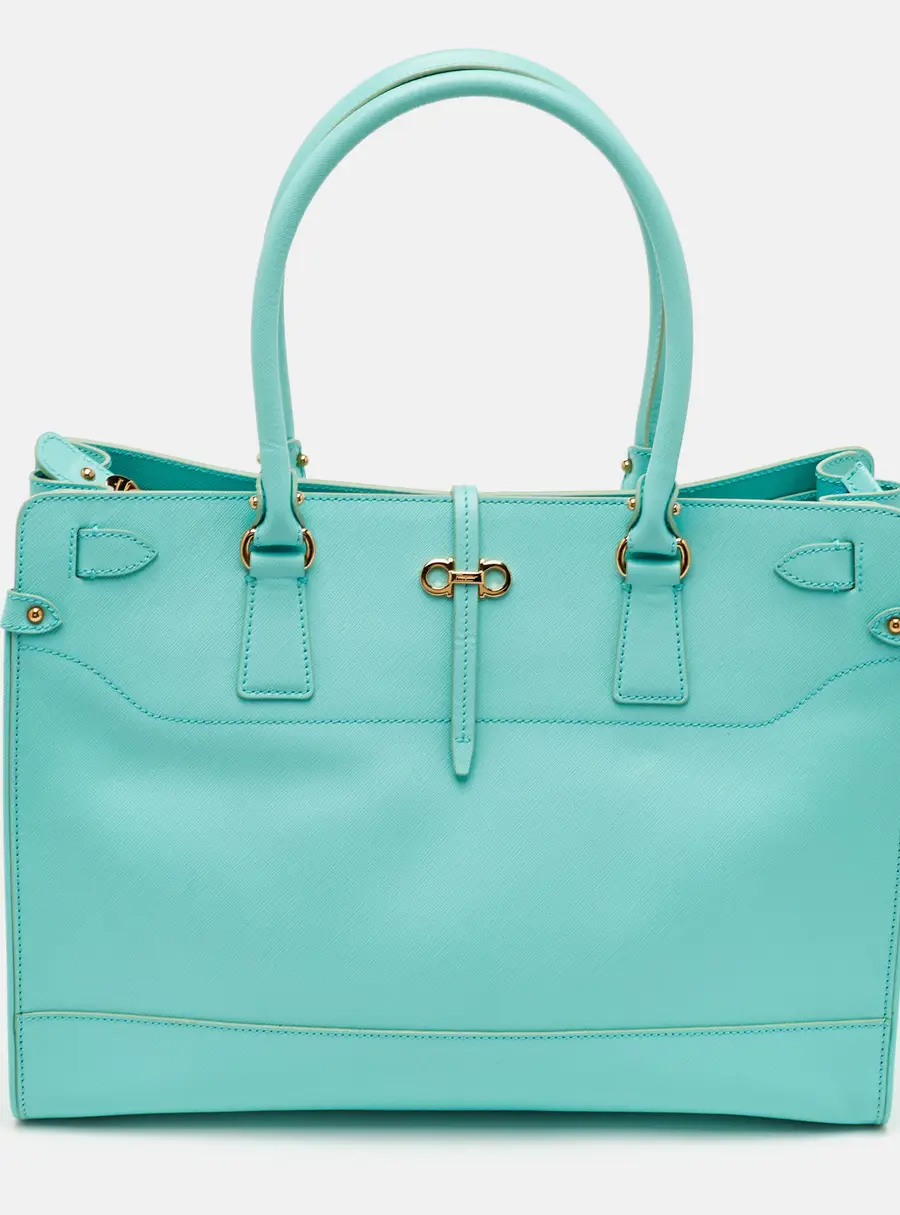 Salvatore Ferragamo Briana Turquoise Blue Leather Tote