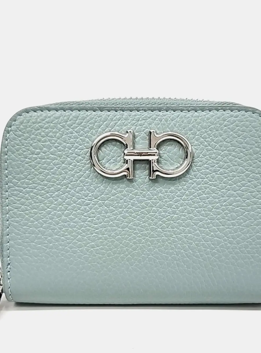 Salvatore Ferragamo Gancini Mint Green Grained Leather Card Holder Bag