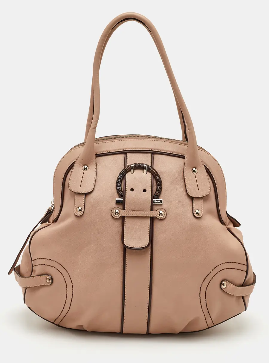 Salvatore Ferragamo Gancini Buckle Beige Leather Satchel